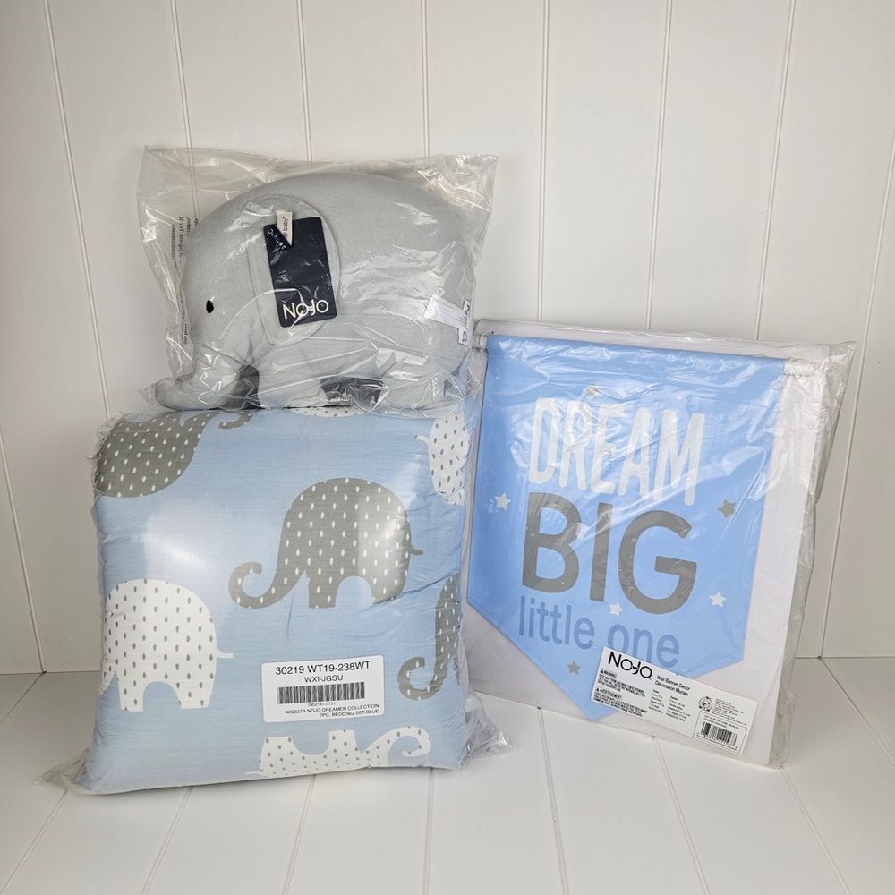 Dreamer Collection: 9pc. Elephant Blue/Grey Crib Bedding Set by NoJo